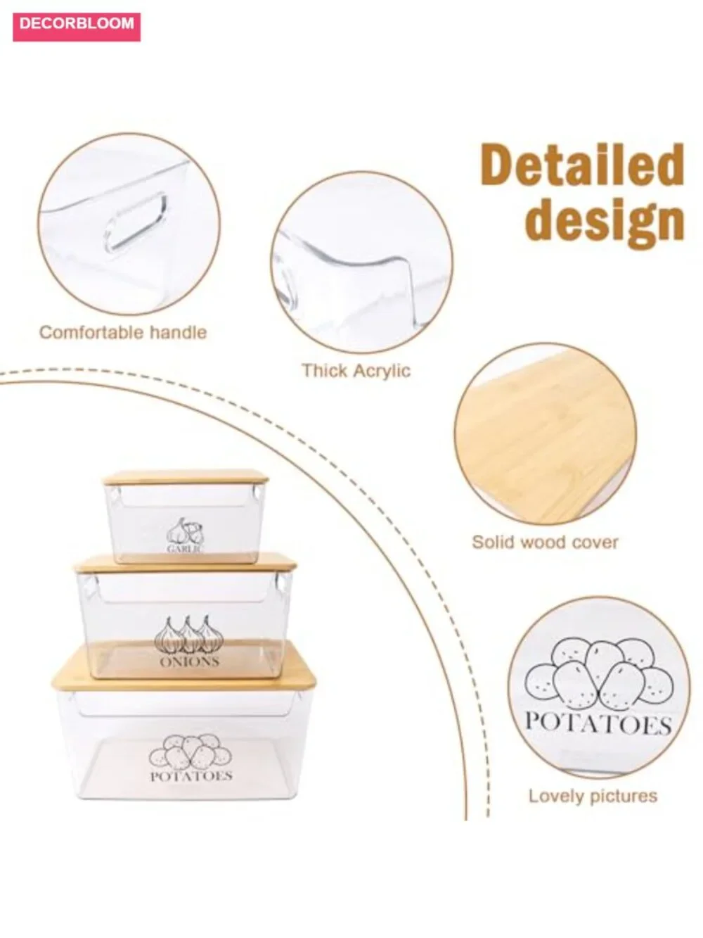 Clear Acrylic Food Storage Bins with Bamboo Lids, Set of 3 for Potato Onion
